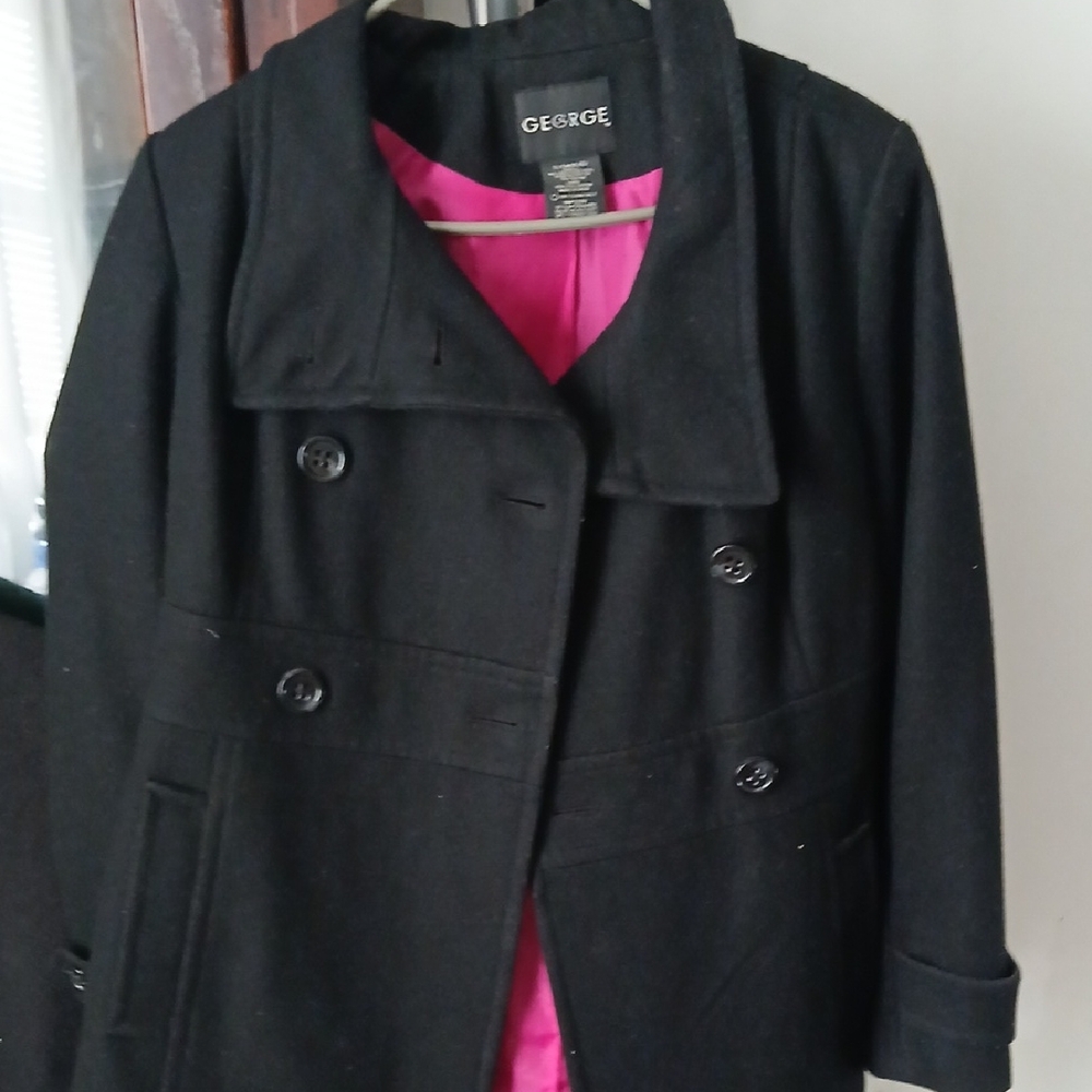 George Women's Elegant Black Pea Coat with Pink Interior